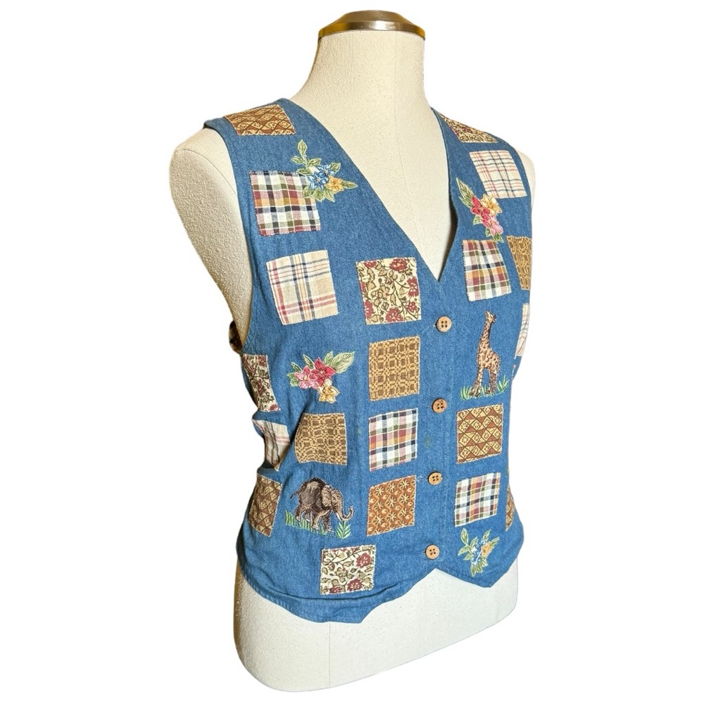 Studio Collection Patchwork Embroidered Animal Mixed Media Vintage Fall Vest - Picture 6 of 13